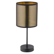 Stolní lampa, kov černý, textil černý, plast zlatý, kabel 1,5m, vypínač, Ø150, V: 350, bez žárovky 1xE14, max. 25W 230V