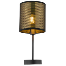 Stolní lampa, kov černý, textil černý, plast zlatý, kabel 1,5m, vypínač, Ø150, V: 350, bez žárovky 1xE14, max. 25W 230V