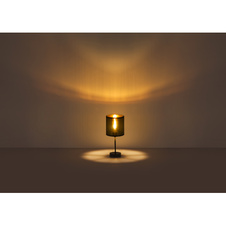 Stolní lampa, kov černý, textil černý, plast zlatý, kabel 1,5m, vypínač, Ø150, V: 350, bez žárovky 1xE14, max. 25W 230V