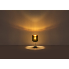 Stolní lampa, kov černý, textil černý, plast zlatý, kabel 1,5m, vypínač, Ø150, V: 350, bez žárovky 1xE14, max. 25W 230V