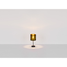 Stolní lampa, kov černý, textil černý, plast zlatý, kabel 1,5m, vypínač, Ø150, V: 350, bez žárovky 1xE14, max. 25W 230V