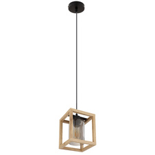 Závěsné svítidlo, kov černý, MDF hnědý, kouřové sklo s bublinami, DxŠxV: 170x170x1200, bez žárovky 1xE27, max. 40W 230V