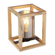 Stolní lampa, kov černý, MDF hnědý, kouřové sklo s bublinami, vypínač, DxŠxV: 170x170x220, bez žárovky 1xE27, max. 40W 230V