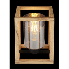 Stolní lampa, kov černý, MDF hnědý, kouřové sklo s bublinami, vypínač, DxŠxV: 170x170x220, bez žárovky 1xE27, max. 40W 230V
