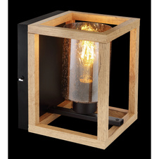 Nástěnné svítidlo, kov černý, MDF hnědá, kouřové sklo s bublinami, ŠxV: 170x220, H: 195, bez žárovky 1xE27, max. 40W 230V