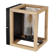 Nástěnné svítidlo, kov černý, MDF hnědá, kouřové sklo s bublinami, ŠxV: 170x220, H: 195, bez žárovky 1xE27, max. 40W 230V