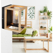 Nástěnné svítidlo, kov černý, MDF hnědá, kouřové sklo s bublinami, ŠxV: 170x220, H: 195, bez žárovky 1xE27, max. 40W 230V