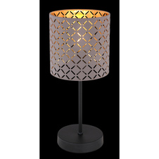 Stolní lampa, kov černý, textil šedý, textilní kabel barvy šampaň, stínítko s ozdobným děrováním, vypínač, Ø15cm, V:35cm, bez žárovky 1xE14, max. 40W 230V