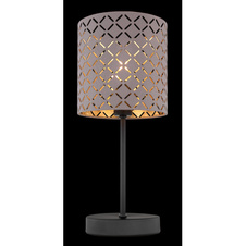 Stolní lampa, kov černý, textil šedý, textilní kabel barvy šampaň, stínítko s ozdobným děrováním, vypínač, Ø15cm, V:35cm, bez žárovky 1xE14, max. 40W 230V