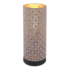 Stolní lampa, kov černý, textil šedý, textilní kabel barvy šampaň, stínítko s ozdobným děrováním, vypínač, Ø12cm, V:30cm, bez žárovky 1xE27, max. 40W 230V