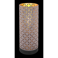 Stolní lampa, kov černý, textil šedý, textilní kabel barvy šampaň, stínítko s ozdobným děrováním, vypínač, Ø12cm, V:30cm, bez žárovky 1xE27, max. 40W 230V