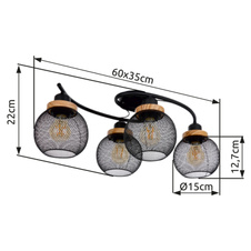 Stropní svítidlo, kov černý, hnědé dřevo, DxŠxV: 60x35x22cm, bez žárovek 4xE27, max. 60W 230V