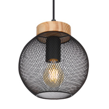 Závěsné svítidlo, kov černý, hnědé dřevo, Ø20cm, V:120cm, bez žárovky 1xE27, max. 60W 230V