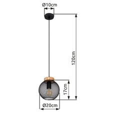Závěsné svítidlo, kov černý, hnědé dřevo, Ø20cm, V:120cm, bez žárovky 1xE27, max. 60W 230V