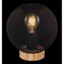 Stolní lampa, hnědé dřevo, kov černý, vypínač, Ø20cm, V:20cm, bez žárovky 1xE27, max. 60W 230V