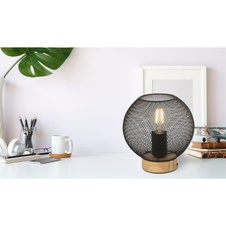 Stolní lampa, hnědé dřevo, kov černý, vypínač, Ø20cm, V:20cm, bez žárovky 1xE27, max. 60W 230V