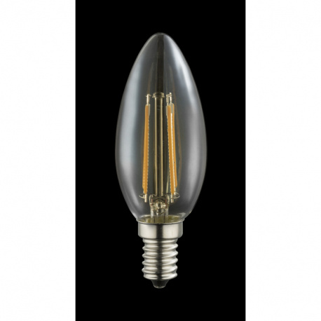 LED žárovka, stříbrná, sklo jantar, svíčkový tvar, Ø35, V:100, E14 LED 4W 230V, 350lm, 2200K.