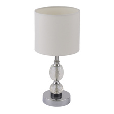 Stolní lampa, kov chrom, textil bílý, křišťálové sklo průhledné, vypínač, Ø210, V:470, bez žárovky 1xE14, max. 40W 230V.