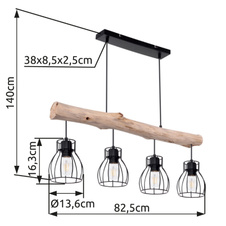 Závěsné svítidlo, černý kov, přírodní dřevo, DxŠxV: 83x14x140cm, bez žárovek 4xE27, max. 40W 230V