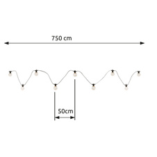 LED světelný řetěz, plast černý a průhledný, vzdálenost mezi světly 50cm, 3m napájecí kabel, IP44, D:4,5m, včetně 10xLED 0,27W 31V, 40lm zdroj, 40lm výstup, 2700K