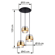 Závěsné svítidlo, kov černý matný, sklo, mosaz, Ø45cm, V:120cm, bez žárovek 3xE27, max. 60W 230V