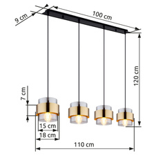 Závěsné svítidlo, kov černý matný, sklo, mosaz, DxŠxV: 111x18x120cm, bez žárovek 4xE27, max. 60W 230V