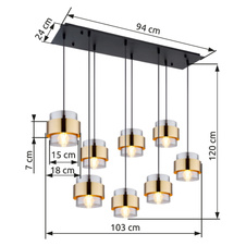 Závěsné svítidlo, kov černý matný, sklo, mosaz, DxŠxV: 103x32x120cm, bez žárovek 8xE27, max. 60W 230V