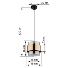 Závěsné svítidlo, kov černý matný, sklo, mosaz, Ø18cm, V:120cm, bez žárovky 1xE27, max. 60W 230V