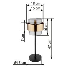 Stolní lampa, kov černý matný, sklo, mosaz, vypínač, Ø18cm, V:47cm, délka kabelu 1,5m, bez žárovky 1xE27, max. 60W 230V