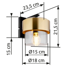 Nástěnné svítidlo, kov černý matný, sklo, mosaz, směr světla dolů, ŠxV: 18x22cm, H:24cm, bez žárovky 1x E27, max. 60W 230V