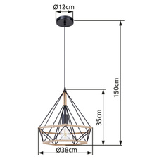 Závěsné svítidlo, kov černý, lano hnědé, Ø38cm, V:150cm, bez žárovky 1xE27, max. 60W 230V