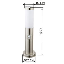 Venkovní svítidlo, nerezová ocel, plast bílý, IP44, senzor: 90°, dosah: 9m, Ø13cm, V:45cm, bez žárovky 1xE27, max. 30W 230V.