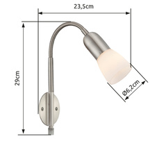 Nástěnné svítidlo, nikl matný, bílé sklo, včetně transparentního kabel 1,5m, flexi, vypínač, 30x24x46cm, bez žárovky 1xE14, max. 40W 230V.