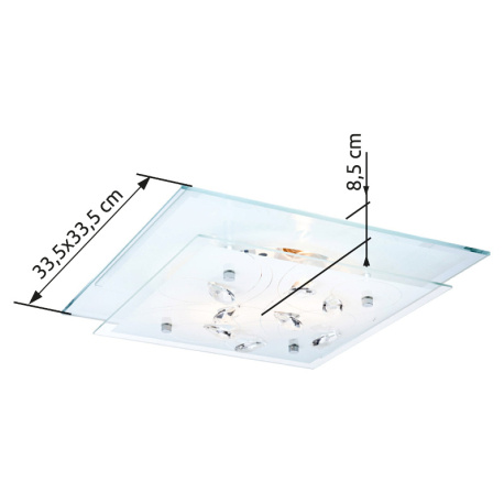 Stropní svítidlo, chrom, sklo bílé, K5 křišťály průhledné, DxŠxV: 34x34x9cm, bez žárovek 2xE27, max. ILLU 40W 230V.