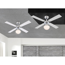 Stropní ventilátor, chrom, 3 rychlosti, 2 směry otáčení, tahový vypínač, Ø105cm, V:41cm, bez žárovky 1xE27, max. 60W 230V.