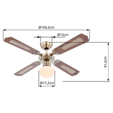 Stropní ventilátor, stará mosaz, 3 rychlosti, 2 směry otáčení, tahový vypínač, motor 50W, Ø:107cm, V:42cm, bez žárovky 1xE27, max. 60W 230V.