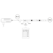 LED pásek plastový bílý, stmívatelný, RGB měnič a fixace barev, dálkové ovládání, možnost zkrácení, baterie 1xCR2025 160mAh, IP21, 30 RGB LED na metr, DxŠxV:300x1x0,3cm, délka přívodního kabelu 1500mm, 90x RGBW LED 15W 12V 337lm