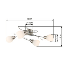 Stropní svítidlo, kov, nikl matný, chrom, sklo opál, akrylové křišťály, DxŠxV: 70x25x21cm, bez žárovek 4xE14, max. 40W 230V.