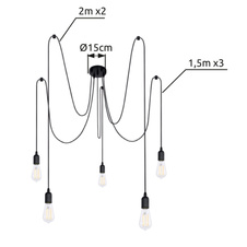 Závěsné svítidlo, černý kov, textílie, plast, kabel 2x2m + 3x1,5m, Ø15cm, bez žárovek 5xE27, max. 60W 230V.