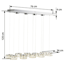 Závěsné svítidlo, kov, chrom, akryl, skleněné křišťály, 4 LED spoty ve vrchní části svítidla, DxŠxV: 76x36x120cm, včetně 1xLED 96W 230V, 6500lm, 4000K.