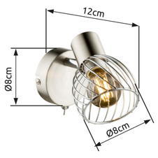 Nástěnné svítidlo, kov, nikl, chrom, vypínač, ŠxV: 8x12cm, H:12cm, bez žárovky 1xE14, max. 40W 230V.