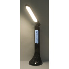 Stolní lampa, plast, černá, hodiny, kalendář, budík, s adaptérem, zapnutí dotykem, dotykový stmívač, včetně 3,7V 1200mAh Li-ion, ŠxV: 20x43cm, včetně 1xLED 4W 230V, 30-200lm, 4000K.