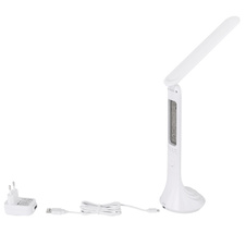 Stolní lampa, plast, bílá, hodiny, kalendář, budík, s adaptérem, zapnutí dotykem, dotykový stmívač, včetně 3,7V 1200mAh Li-ion, ŠxV: 20x43cm, včetně 1xLED 4W 230V, 30-200lm, 4000K.