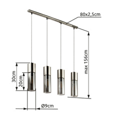 Závěsné svítidlo, kov nikl matný, sklo kouřové, černobílý textilní kabel, DxŠxV: 80x9x156cm, bez žárovek 4xE27, max. 25W 230V.