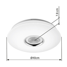 Stropní svítidlo, plast bílý,opál,třpytivý efekt,ovládání aplikací,5W reproduktor,stmívatelné,dál. ovládání,měnič barvy, fixace barev, Ø40cm, V:7cm, včetně 1xLED 18W 230V, 128-1280lm, 1xRGB LED 6W 230V, multicolor, změna barvy světla 3000-4000-6500K