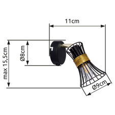 Nástěnné svítidlo, kov černý a zlatý, kovové tyče černé a zlaté, vypínač, ŠxV: 9x16cm, H: 11cm, bez žárovky 1xE14, max. 40W 230V
