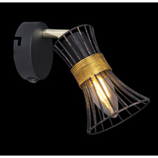 Nástěnné svítidlo, kov černý a zlatý, kovové tyče černé a zlaté, vypínač, ŠxV: 9x16cm, H: 11cm, bez žárovky 1xE14, max. 40W 230V