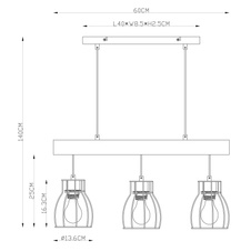 Závěsné svítidlo, kov černý, dřevo, DxŠxV: 60x14x140cm, bez žárovek 3xE27, max. 40W 230V