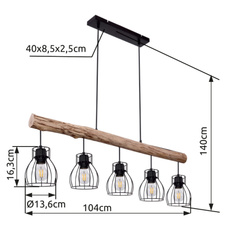 Závěsné svítidlo, kov černý, dřevo, DxŠxV: 100x14x140cm, bez žárovek 5xE27, max. 40W 230V
