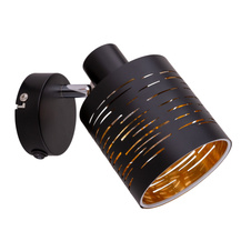 Nástěnné svítidlo, kov černý, plast černý a zlatý, vypínač, ŠxV: 10x15cm, H:13cm, bez žárovky 1xE14, max. 15W 230V